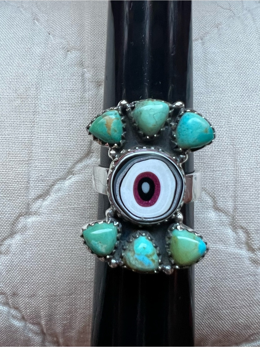 Sterling fordite and turquoise cluster ring